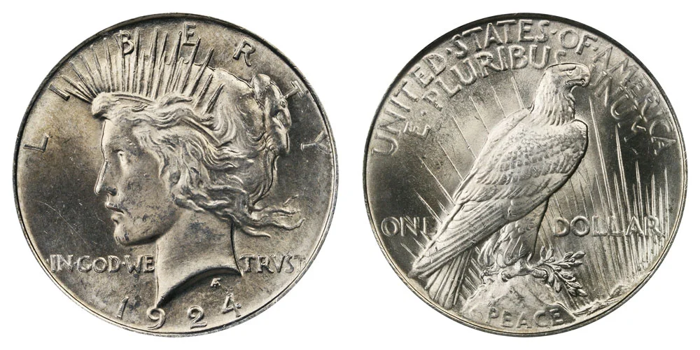 1924 Peace Silver Dollar obverse showing Lady Liberty and reverse showing eagle, both sides
