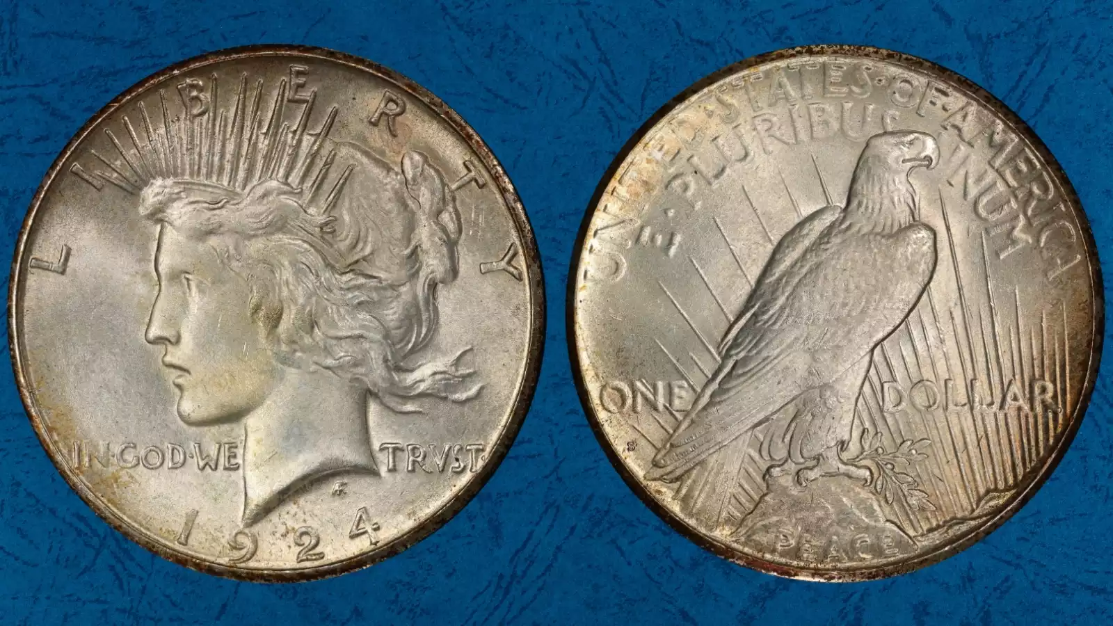 Comparison of 1924 Philadelphia Peace Dollar (no mint mark) versus 1924-S San Francisco coin showing S mint mark location