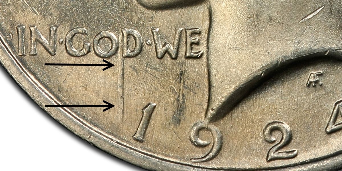 1924 Peace Dollar VAM-1A Bar D error showing vertical die gouge on the letter D in GOD WE TRUST