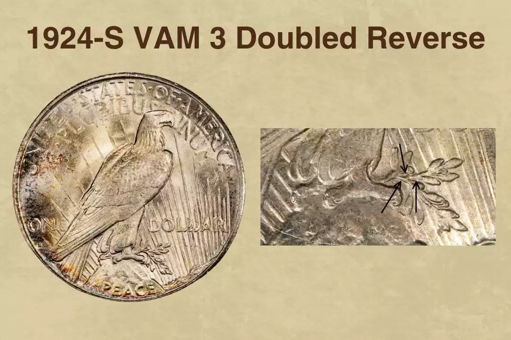 1924-S Peace Dollar VAM-3 Doubled Reverse Top 50 showing doubled reverse lettering detail